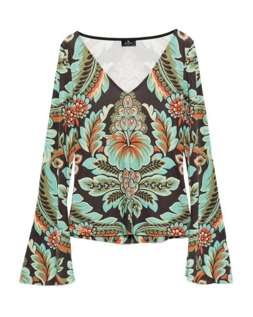 Etro Green Floral-Print Bell-Sleeve T-Shirt