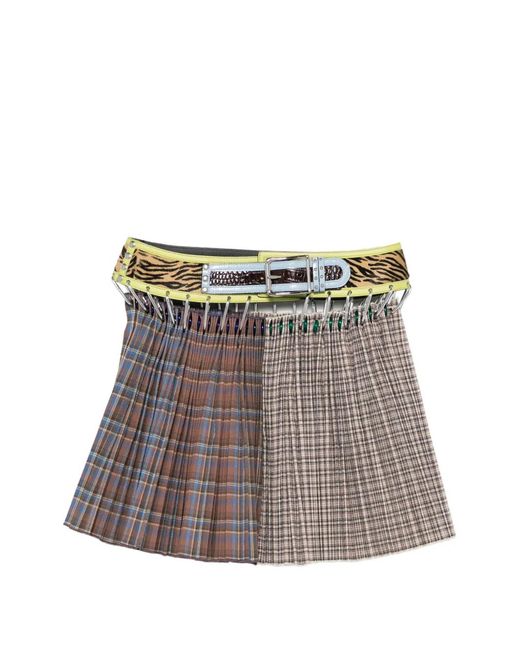 Chopova Lowena Brown Belted Plaid Mini Skirt