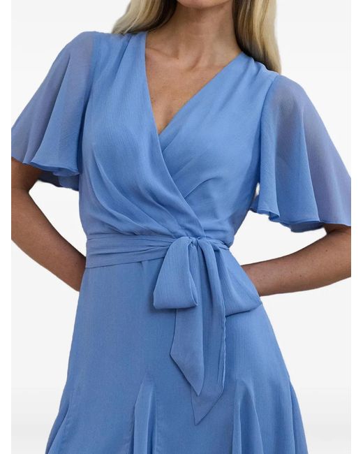 Ralph Lauren Blue Robe Portefeuille Courte À Manches Volantées