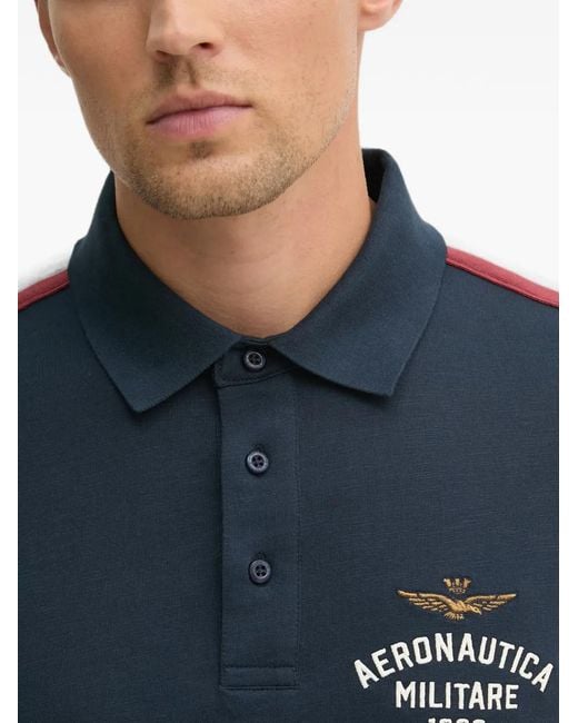 Aeronautica Militare Blue Logo-Embroidered Striped-Sleeve Polo Shirt for men