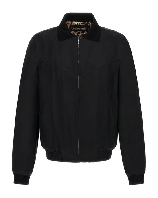 Roberto Cavalli Black Ribbed-Collar Bomber Jacket for men