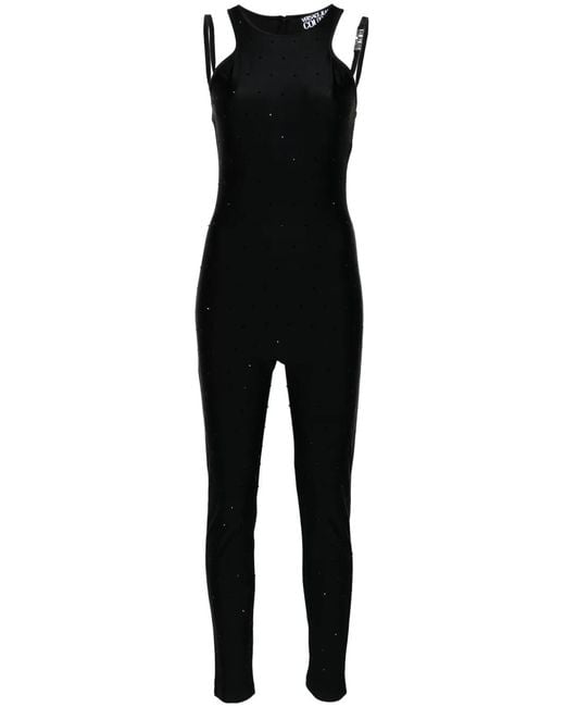 Versace Jeans Couture Black Crystal-Embellished Halterneck Jumpsuit