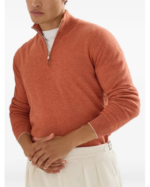 Brunello Cucinelli Orange Cashmere Sweater With Half-Zip for men