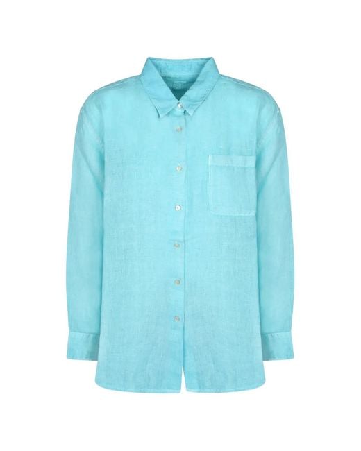 120% Lino Blue Chemise À Poches Poitrine