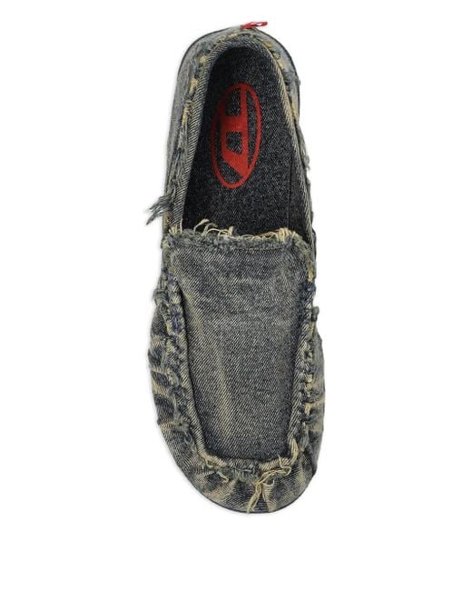 DIESEL Gray D-Shock Frayed Denim Loafers for men