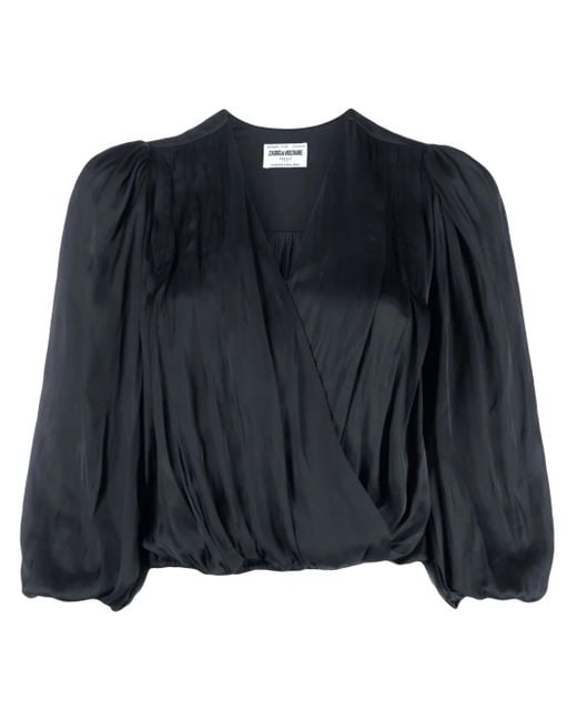 Zadig & Voltaire Blue V-Neck Draped Satin Blouse