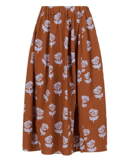 Marni Brown Midi Skirt With Sprayed Roses Print