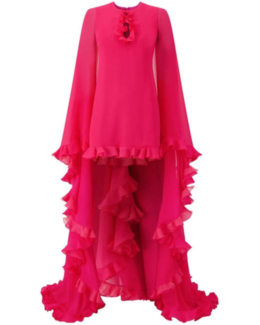 Giambattista Valli Pink Ruffle-trim Cape Silk Dress