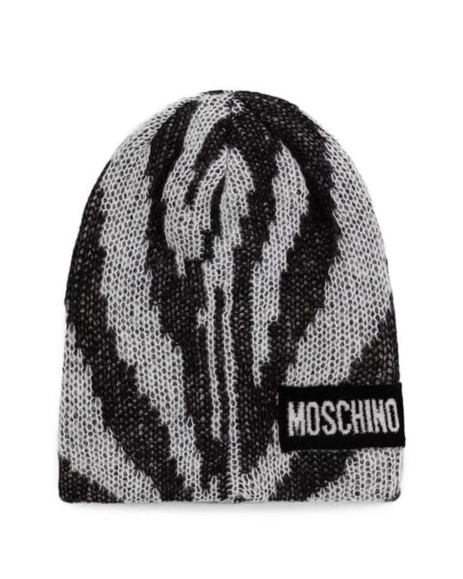 Moschino Black Logo-Patch Zebra-Pattern Beanie Hat