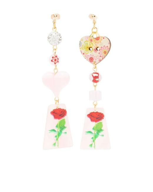 Amir Slama White Asymmetric Floral-Print Earrings