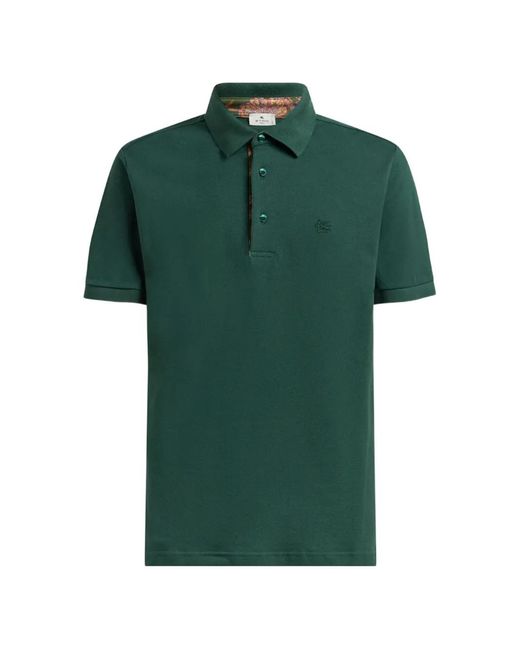 Etro Green Plain-Coloured Cotton Polo Shirt With Printed Details for men