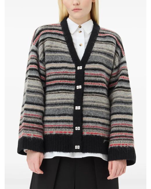 Ganni Gray Striped Buttoned Cardigan