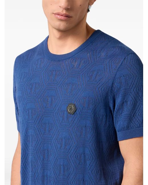 Philipp Plein Blue Monogram-Pattern T-Shirt for men