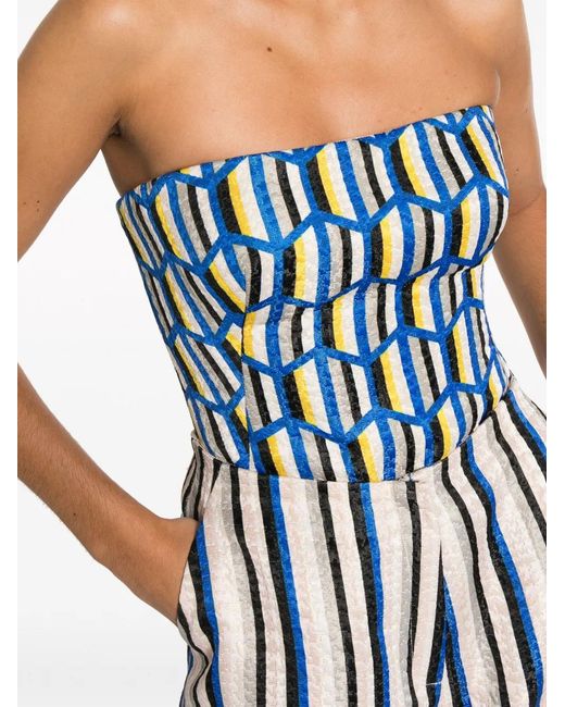 Gemy Maalouf Blue Geometric-Pattern Strapless Top