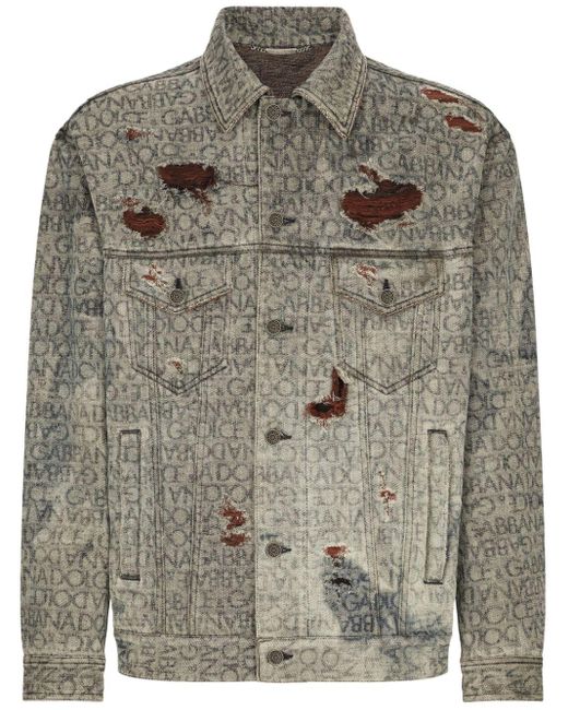 Dolce & Gabbana Gray Logo-print Distressed Denim Jacket for men