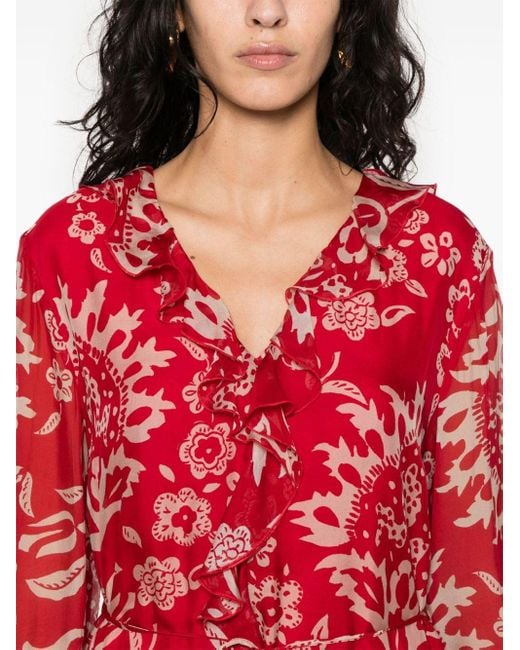 Liu Jo Red Short Viscose And Silk Dress With Floral Print