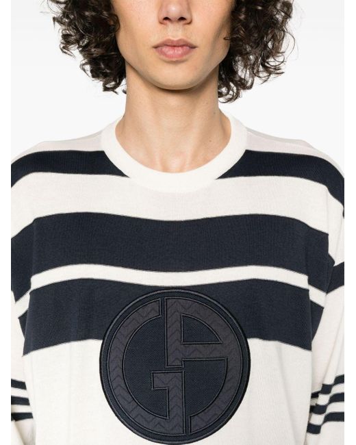 メンズ Giorgio Armani Embroidered-logo Striped Jumper Blue