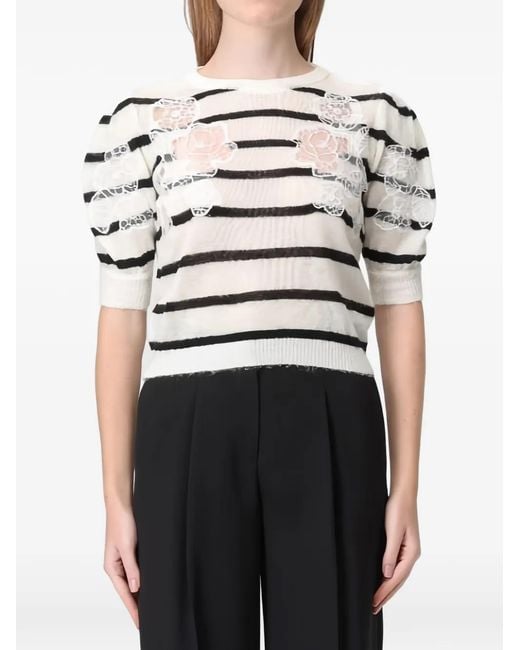 Twinset White Striped Floral-Detail T-Shirt