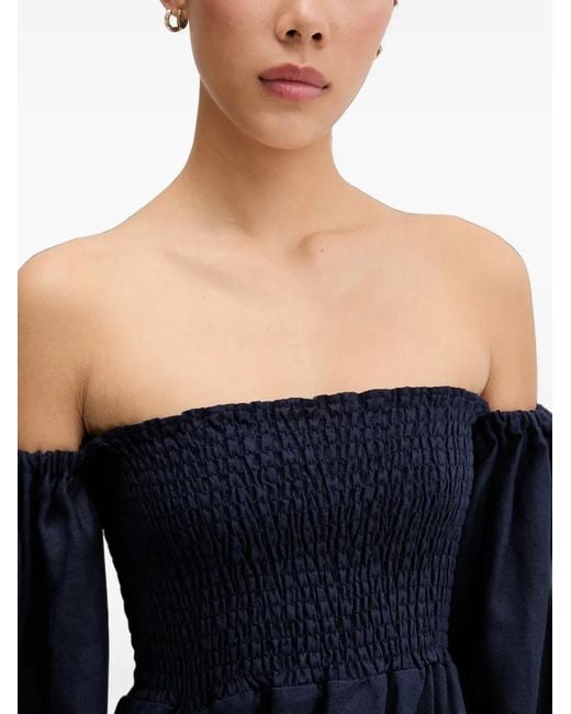 Sleeper Blue Off-Shoulder Smocked Midi Dress