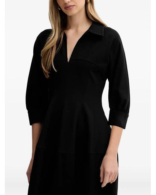 Liviana Conti Black Fleur Shirt-Collar Side-Pocket Midi Dress