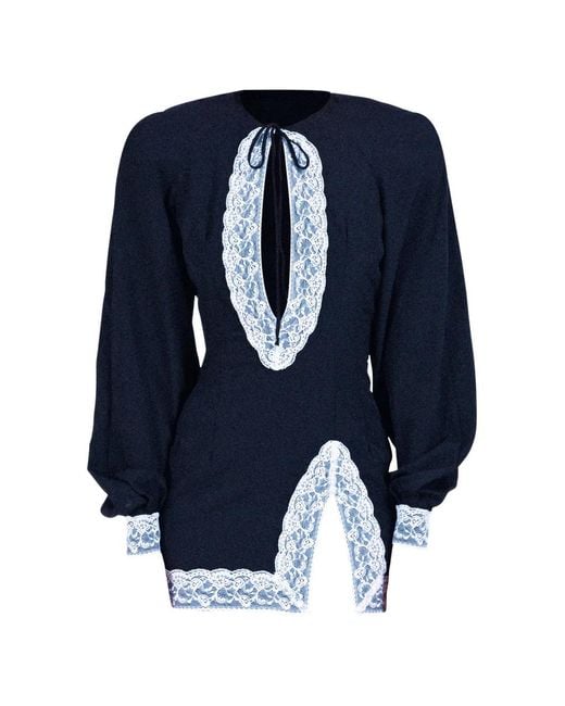 ROWEN ROSE Blue Lace-Trim Keyhole-Detail Dress