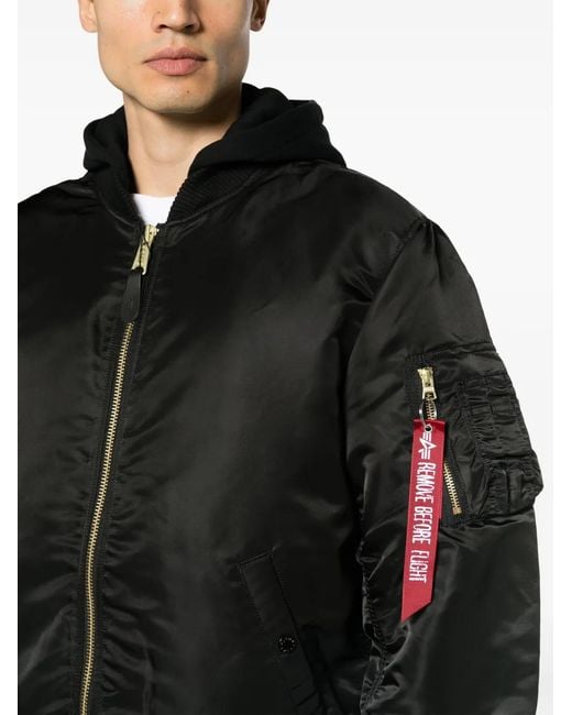 Alpha Industries Black Hooded Padded Bomber Jacket for men