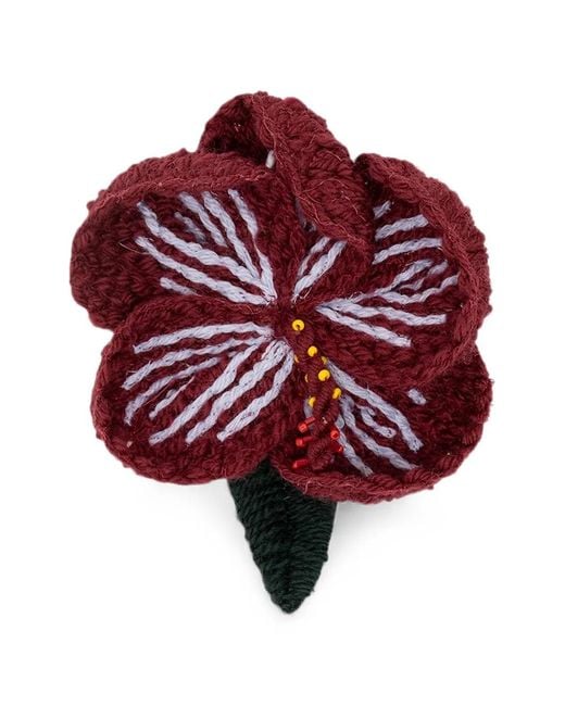 Alanui Red Crochet-Knit Flower Brooch