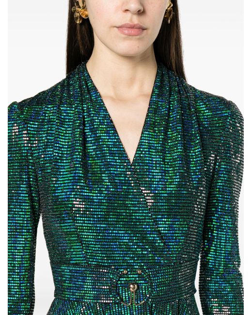 Nissa Green Decorative-buckle Sequin-embellished Dress
