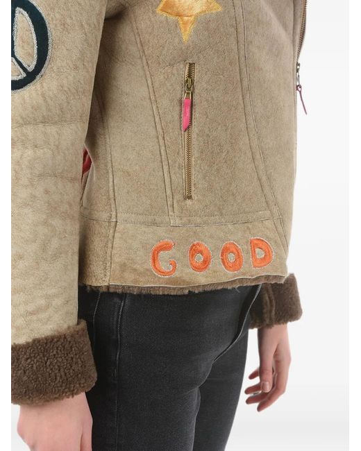 History Repeats Natural Embroidered Zip-Up Shearling Jacket