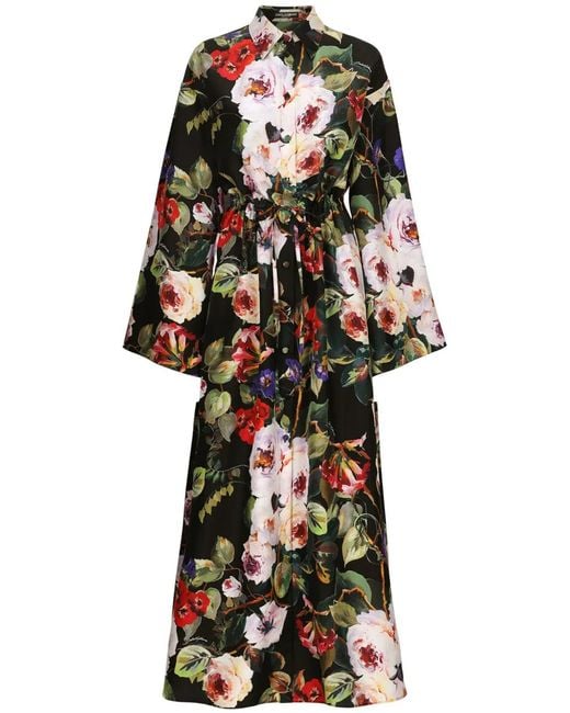 Dolce & Gabbana Black Rose-Print Silk Shirtdress