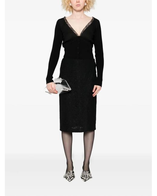 Blumarine Black Lace-Trimmed Ribbed Cardigan