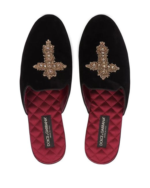 Dolce & Gabbana Black Embroidered Velvet Slippers for men