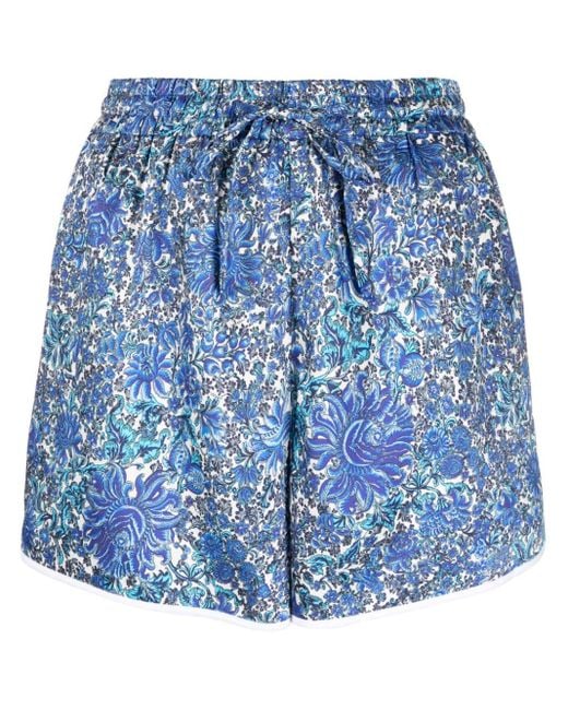 Sandro Blue Floral-print Satin-finish Shorts