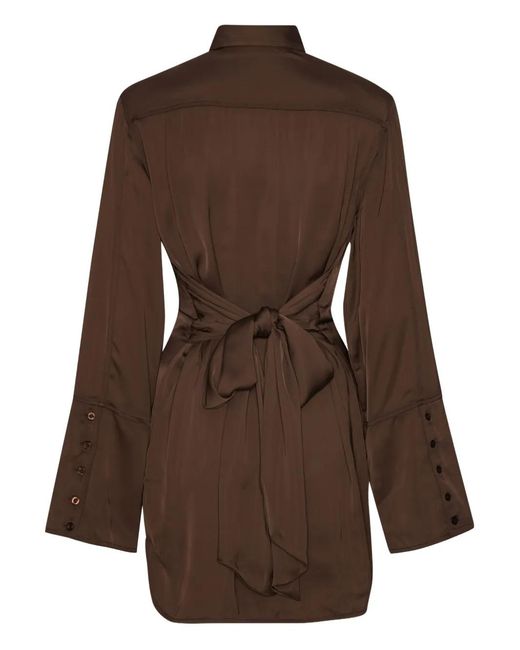 ROTATE BIRGER CHRISTENSEN Brown Tie-Waist Shirt Mini Dress