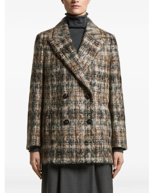 Peserico Gray Check-Pattern Double-Breasted Coat