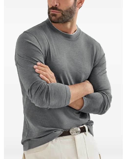 Brunello Cucinelli Gray Silk And Cotton Lightweight-Jersey Long-Sleeve Crew-Neck T-Shirt With Contrast-Detail for men