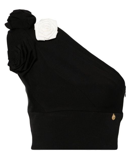 Balmain Black Asymmetrisches Cropped-Top mit Blumenapplikation