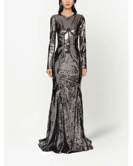 Dolce & Gabbana Gray Corset-Detail Sequinned Gown