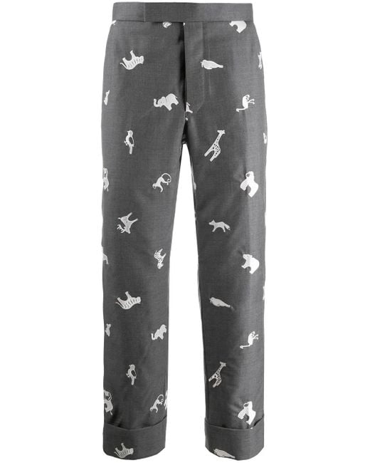 Thom Browne Gray Animal-Embroidered Cropped Trousers for men