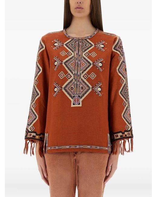 Isabel Marant Brown Zelda embroidered fringe top