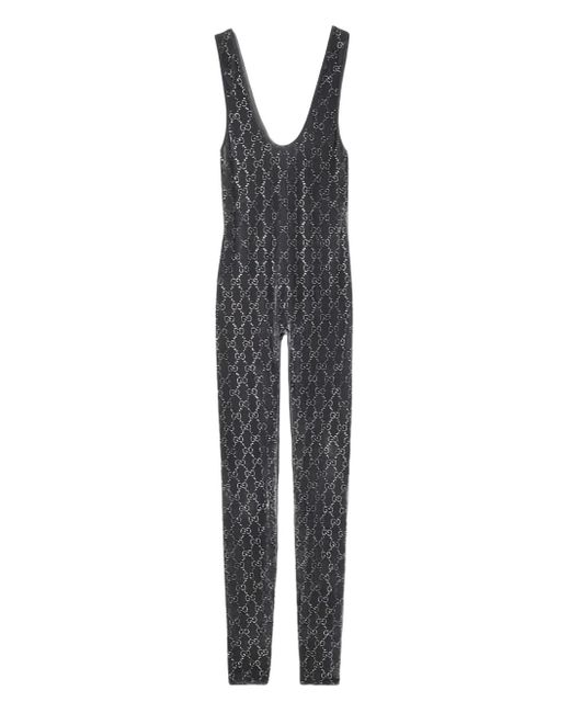 Gucci Gray Gg Crystal Embroidery Jumpsuit