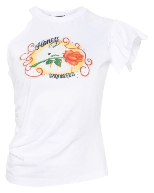 DSquared² White One-Shoulder-T-Shirt mit Logo-Print