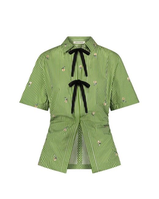 Lela Rose Green Embroidered Bow-Front Top