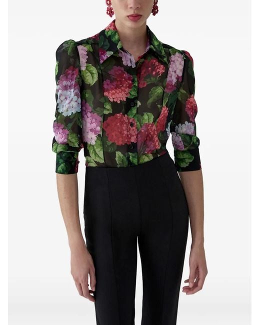 Carolina Herrera Green Hydrangea-Print Chiffon Blouse