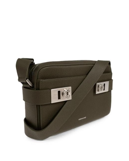 Ferragamo Black Gancini Pebbled Leather Messenger Bag for men