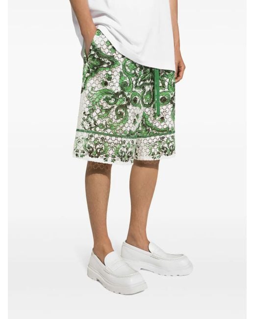 Dolce & Gabbana Green Crochet Lace Jogging Shorts With Majolica for men