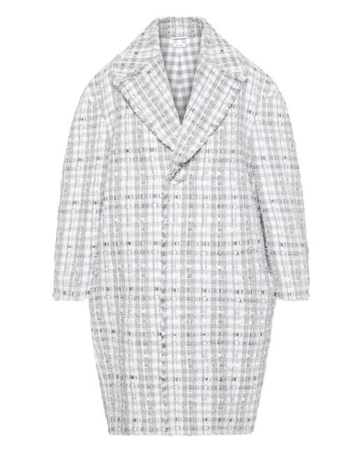 Thom Browne White Gingham-Check Tweed Coat for men