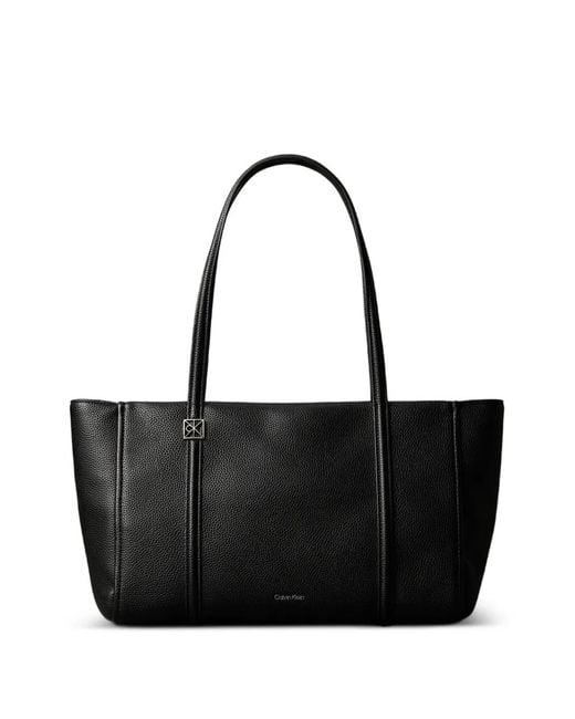 Calvin Klein Black Logo-Plaque Pebbled Tote Bag