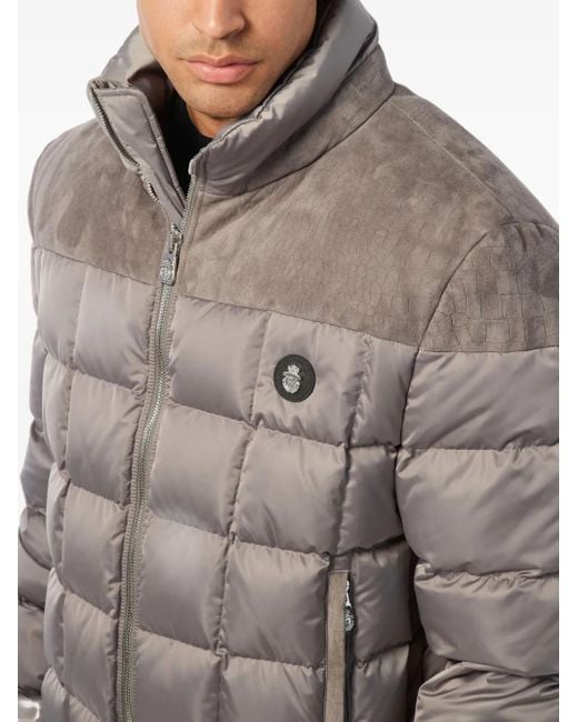 Billionaire Gray Quilted Suede-Panel Puffer Jacket for men