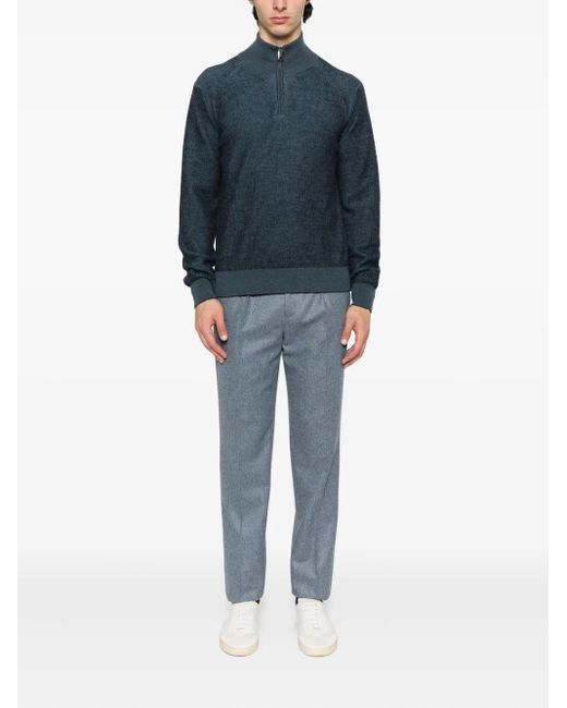 Brioni Blue Ribbed Zip-Neck Sweater for men